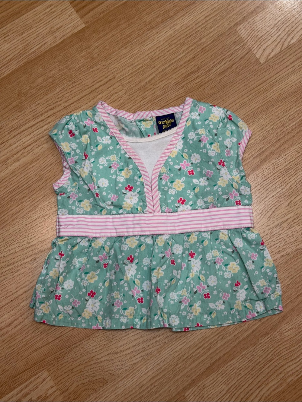 OshKosh B’Gosh Girls 24M Green Floral Peplum Top Pink Stripe Cottagecore